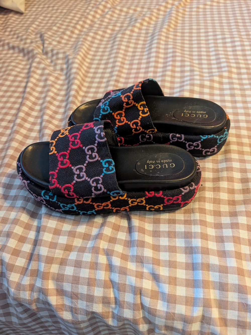 Gucci Black Multicolor GG Logo Slide Sandals Size 7
